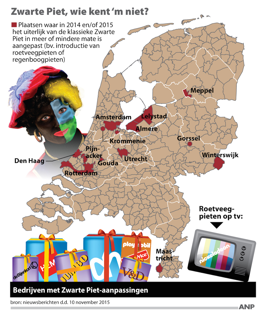 2015-11-10 07:47:50 Bijna overal klassieke Zwarte Piet, overzicht steden waar uiterlijk Zwarte Piet in meer of mindere mate is aangepast. FORMAAT: 100 x 115 mm. ANP INFOGRAPHICS