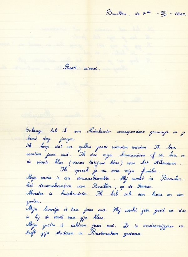 De eerste brief van Jean-Marie met zijn precieuze handschrift.